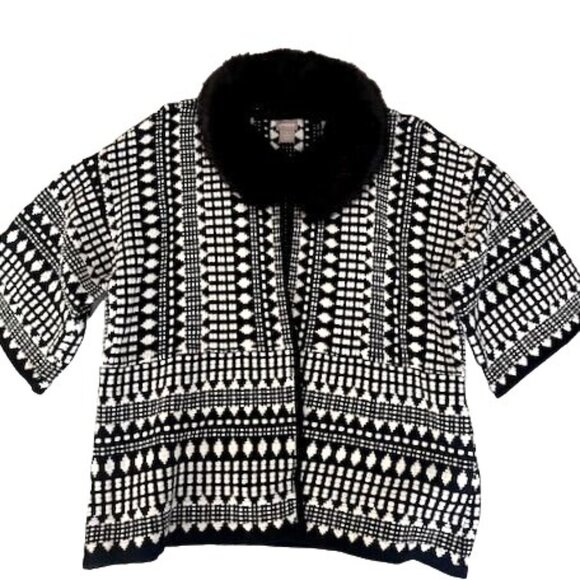 NWT Chico's Black & White Knit Cardigan Sweater Removable Faux Fur Collar XL - Picture 6 of 13